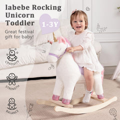 Labebe unicorn rocker features a 20-degree rocking range for gentle motion