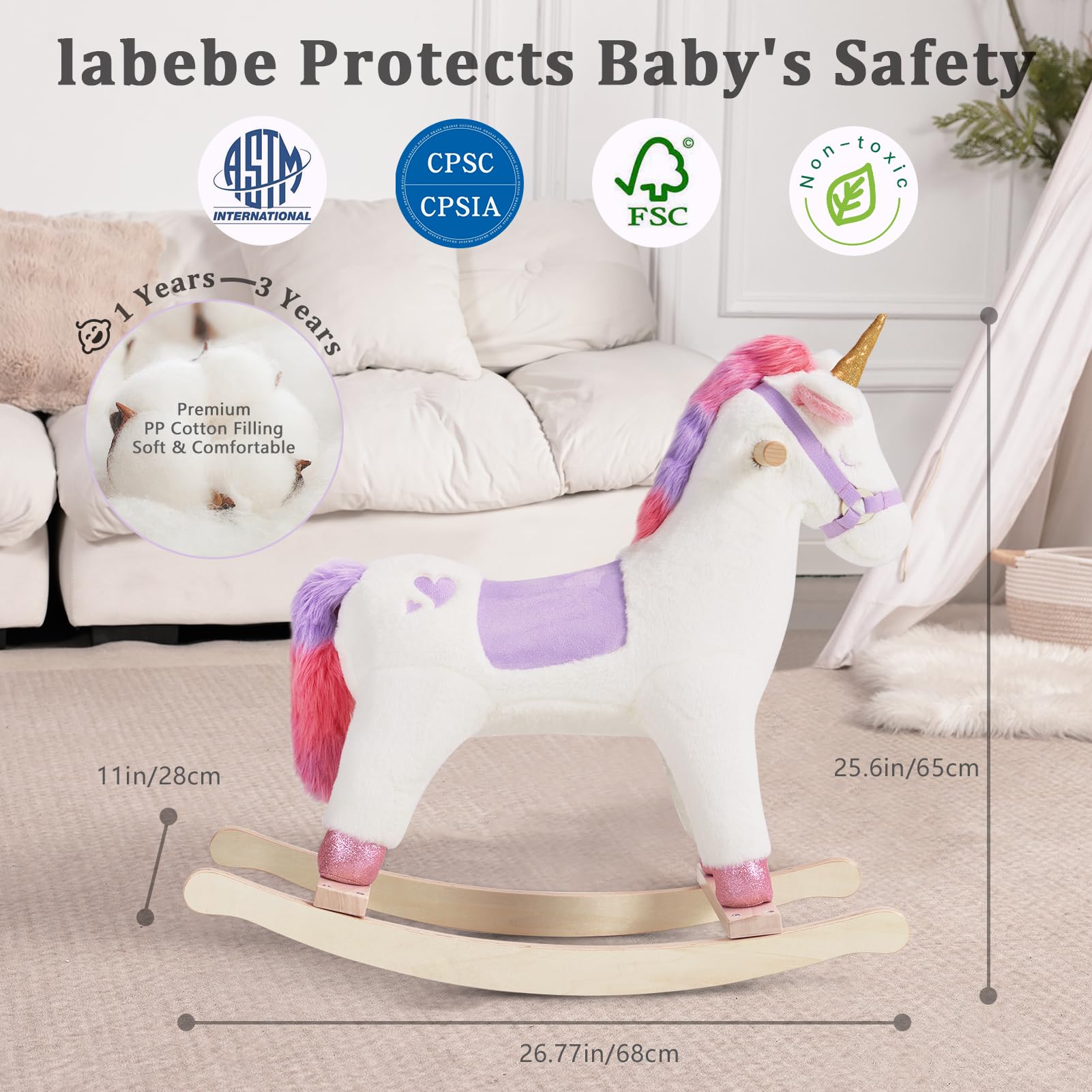Labebe unicorn rocker stands 65 cm tall to support early balance training