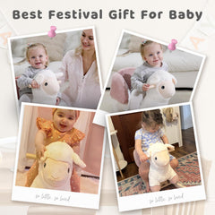 Labebe sheep rocker side view highlighting sturdy wooden frame for lasting fun.