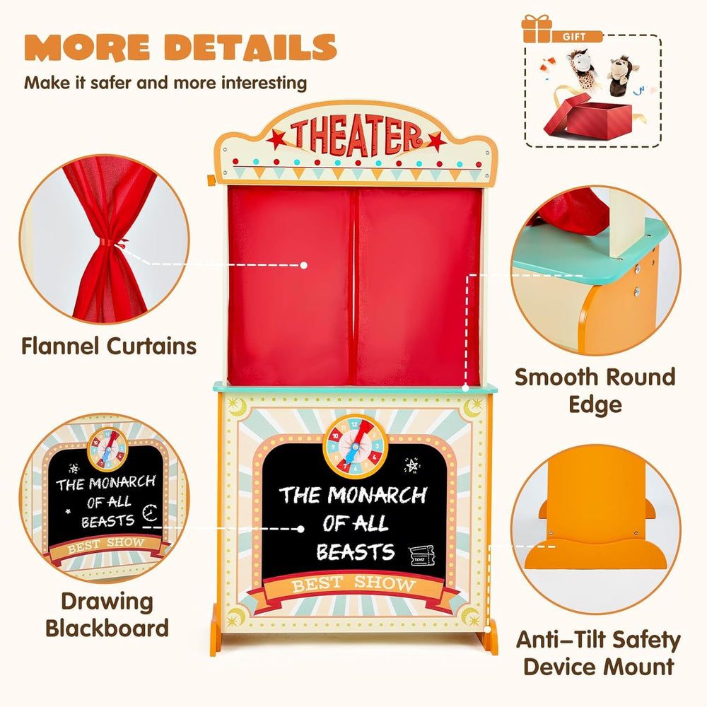Side view of Labebe Deluxe Puppet Theater highlighting craftsmanship and color