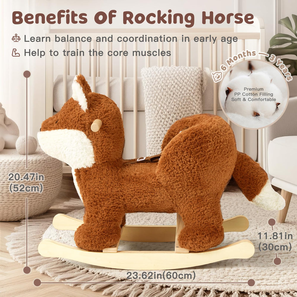 Labebe fox rocking horse backrest keeps toddlers secure during rocking.
