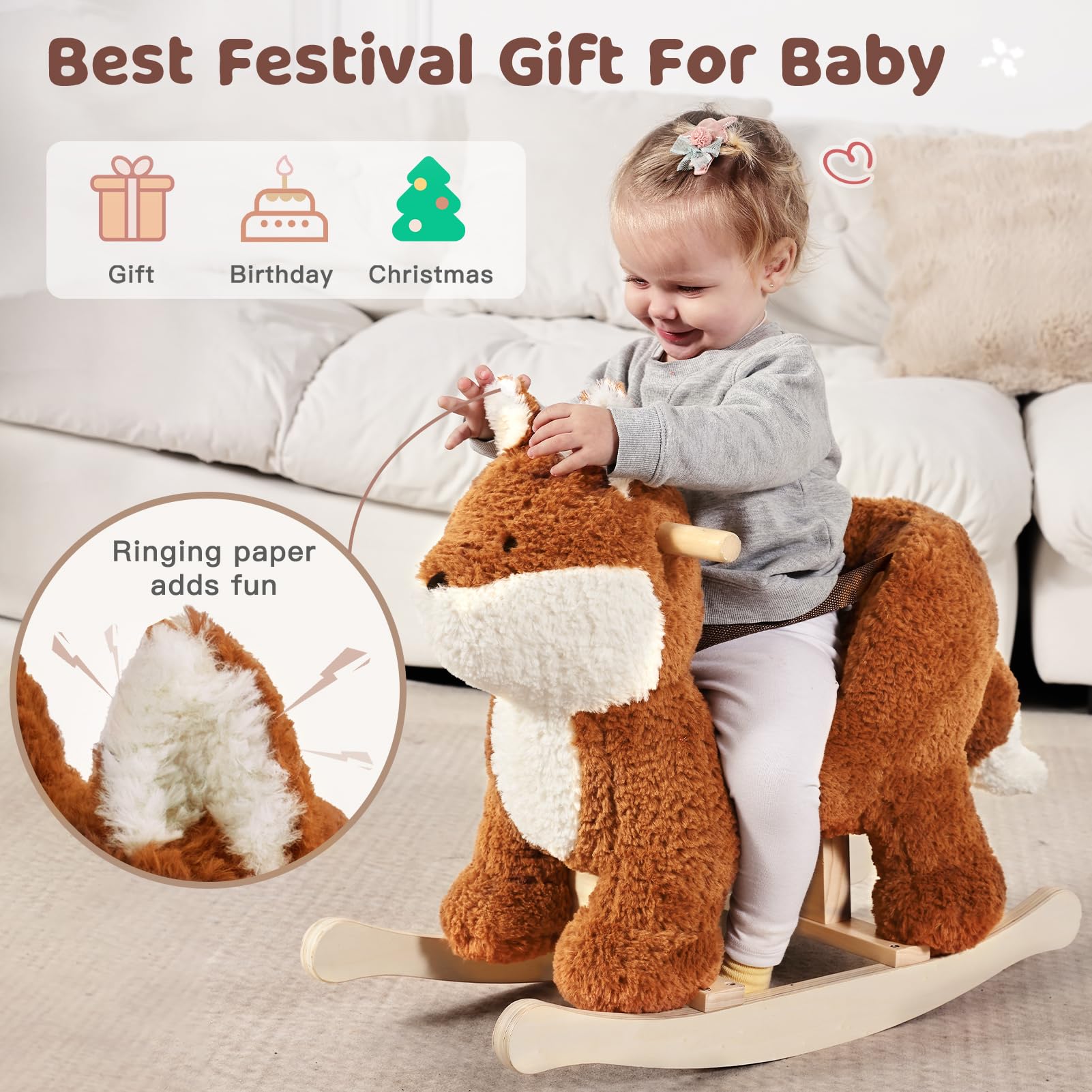 Labebe fox rocking horse features smooth handles for tiny hands to grip.