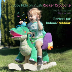 Labebe green crocodile rocker side view showing smooth edges for safe rocking.