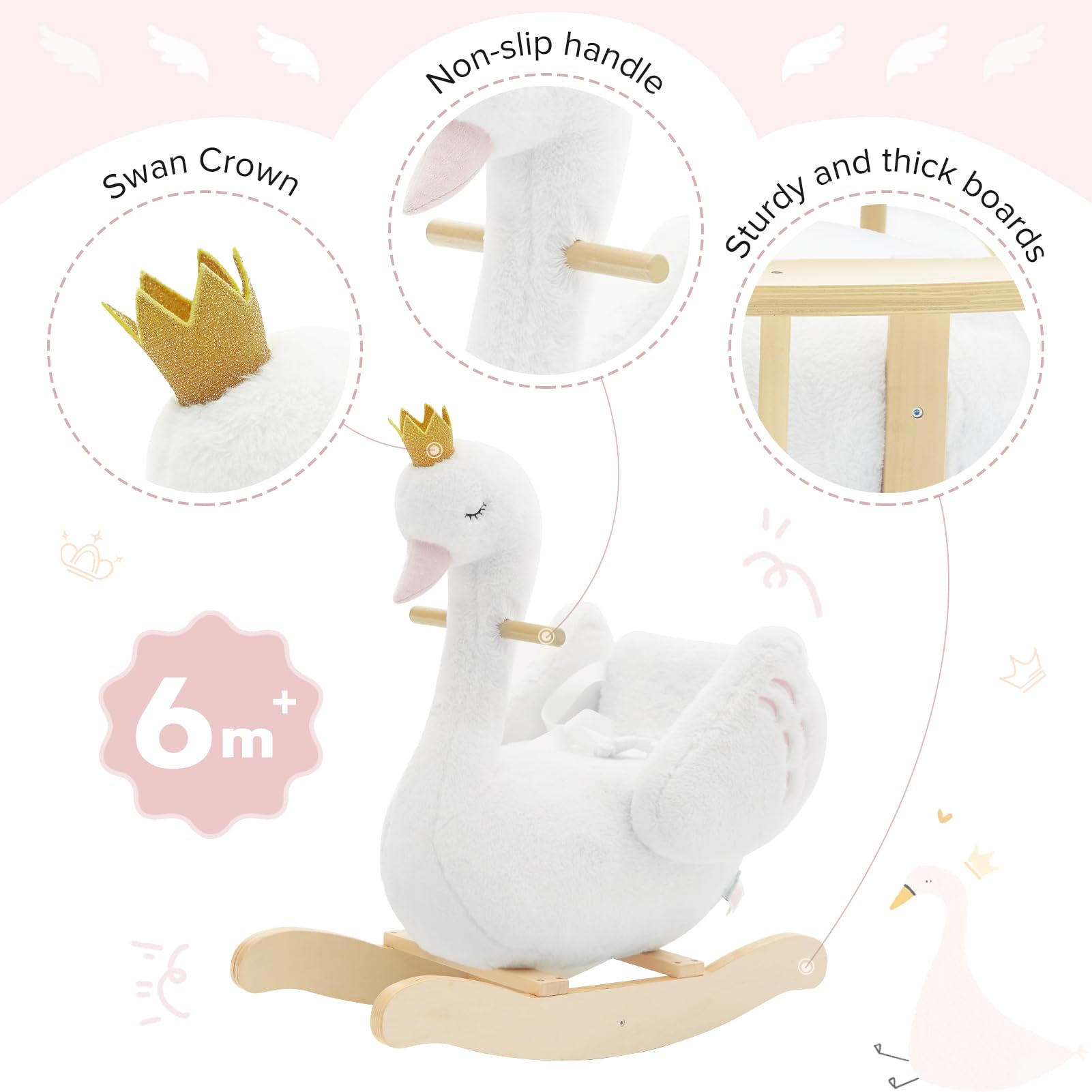 Labebe Kids Rocking Horse White Swan materials shot underscores certified safe fabrics and wood