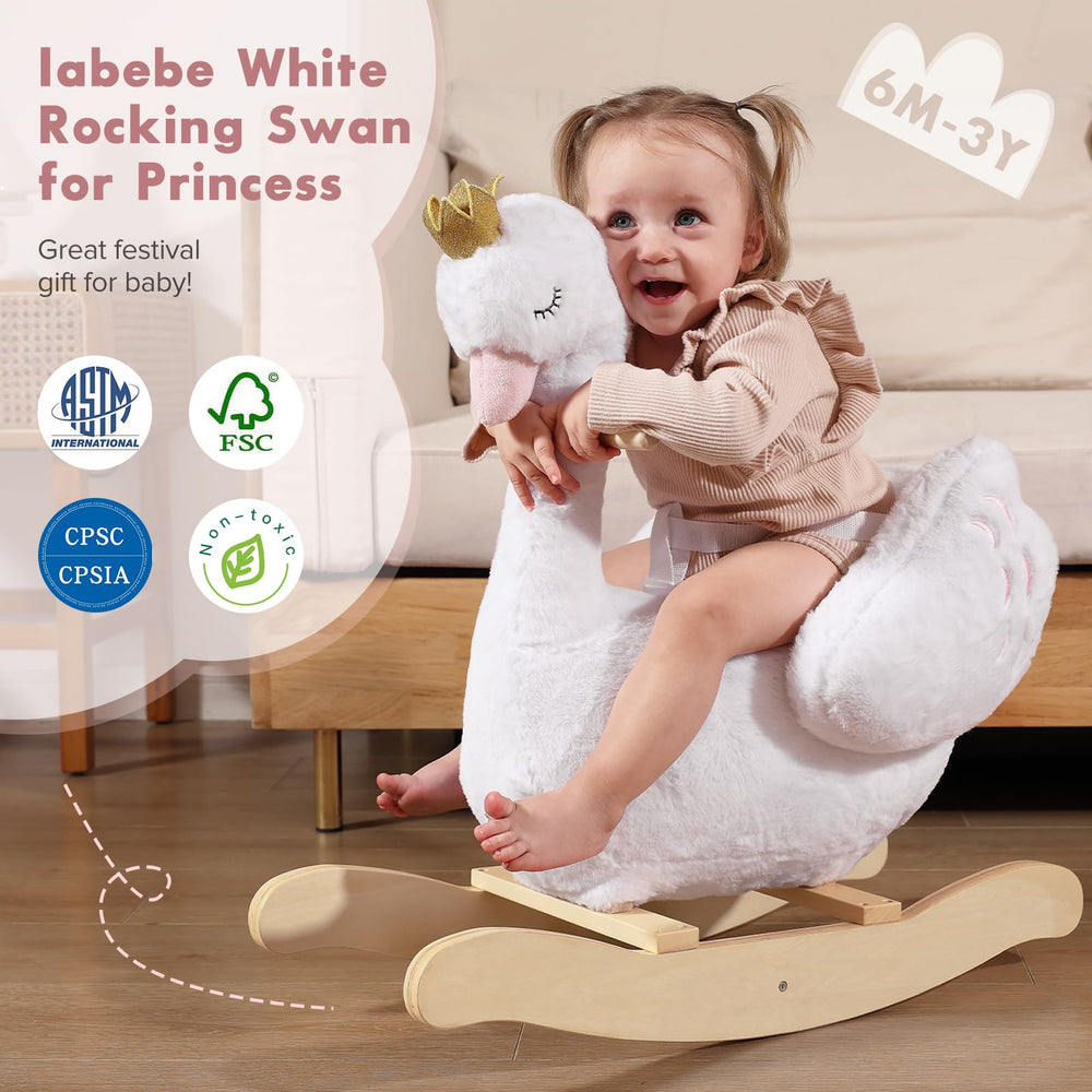 Labebe Kids Rocking Horse White Swan side view shows sturdy wooden frame for lasting use