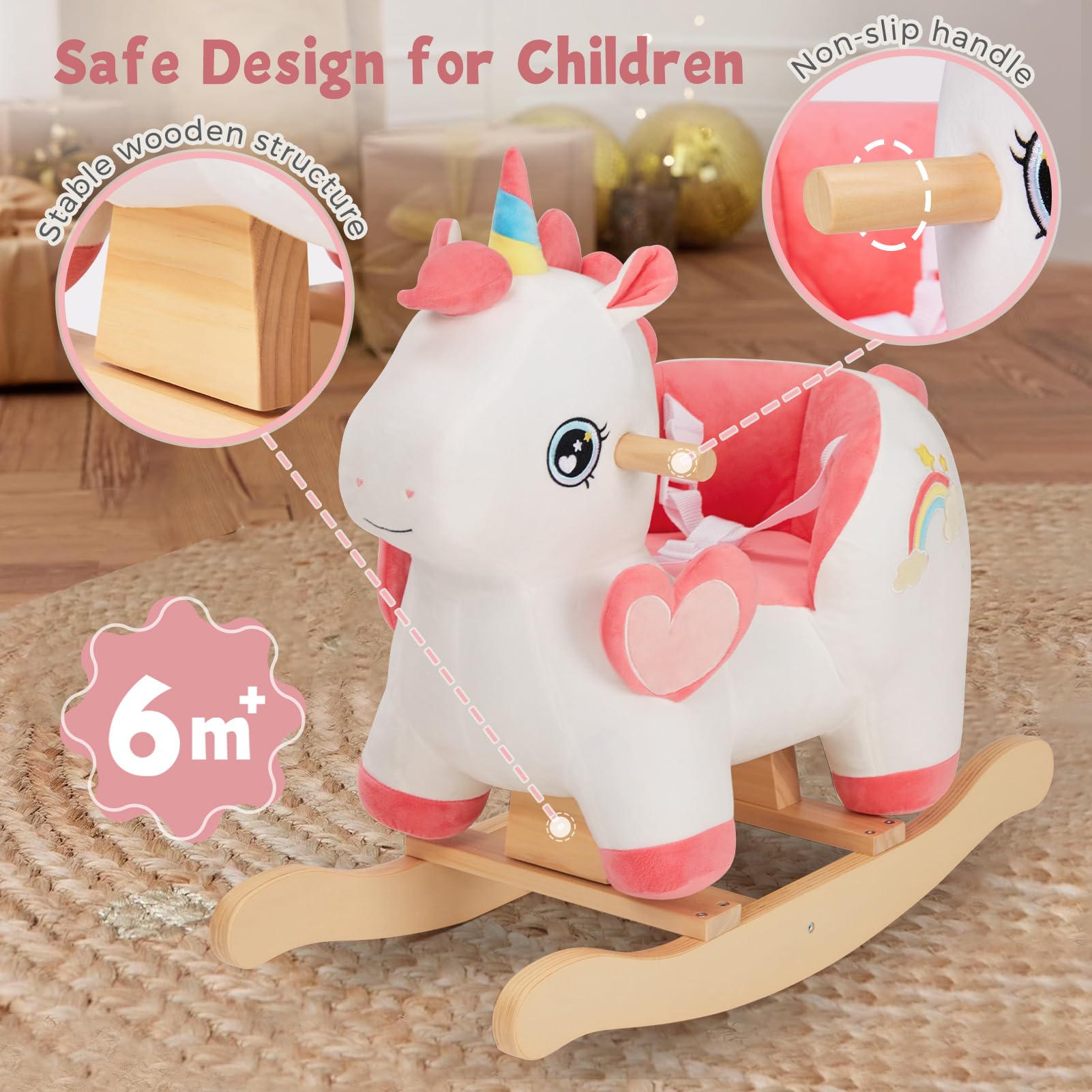 Labebe rocking horse featuring a secure seat belt for safety.