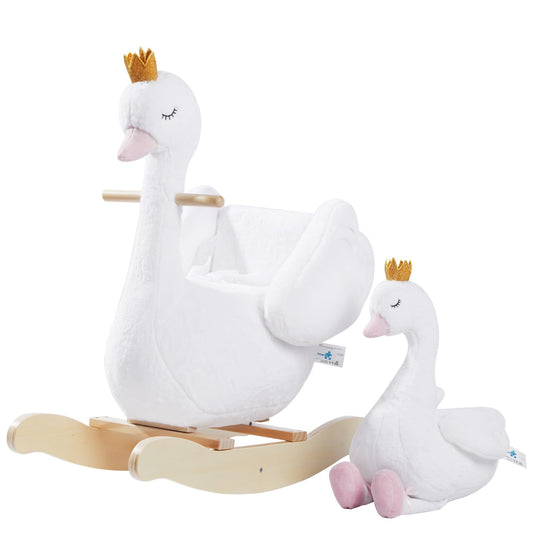 Labebe rocking swan with doll, front view, safe supervised rocking for infants.