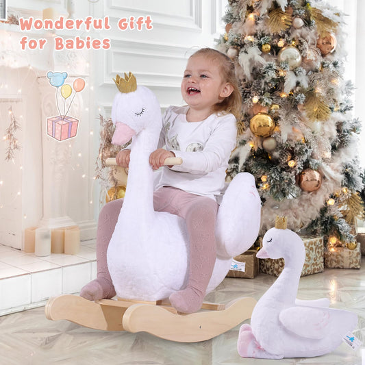 Labebe rocking swan with doll, side view, sturdy wood frame supports gentle rocking.