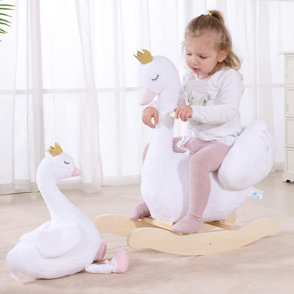 Labebe swan rocker plush detail, close-up, soft fabric cushions little ones.