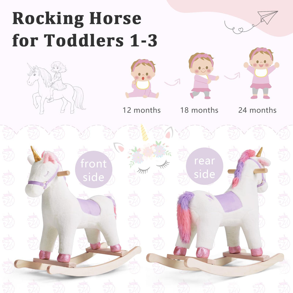 Labebe unicorn rocker plush emits realistic sounds when ears are squeezed