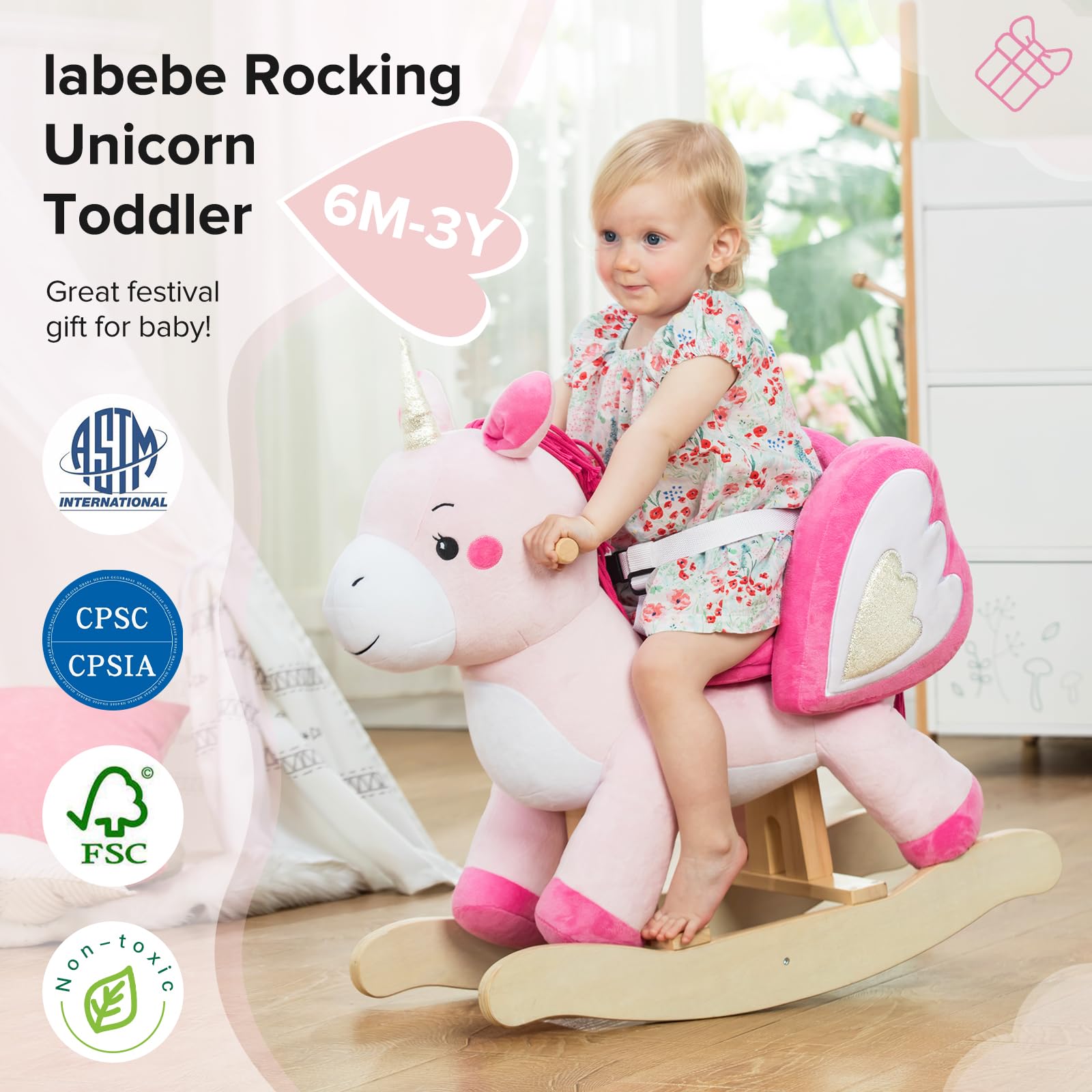 Labebe unicorn rocker seat with three-sided safety belt