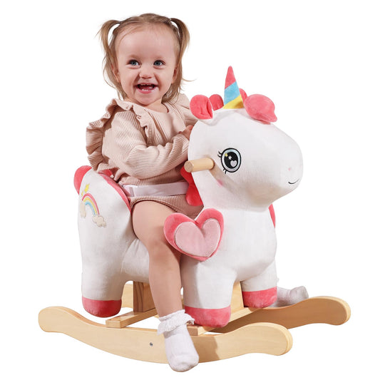 Labebe unicorn rocking horse with seat belt for safe toddler play.