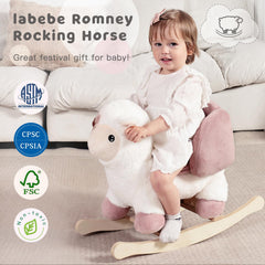 White sheep rocker seat harness close-up showing 3-point safety for growth.