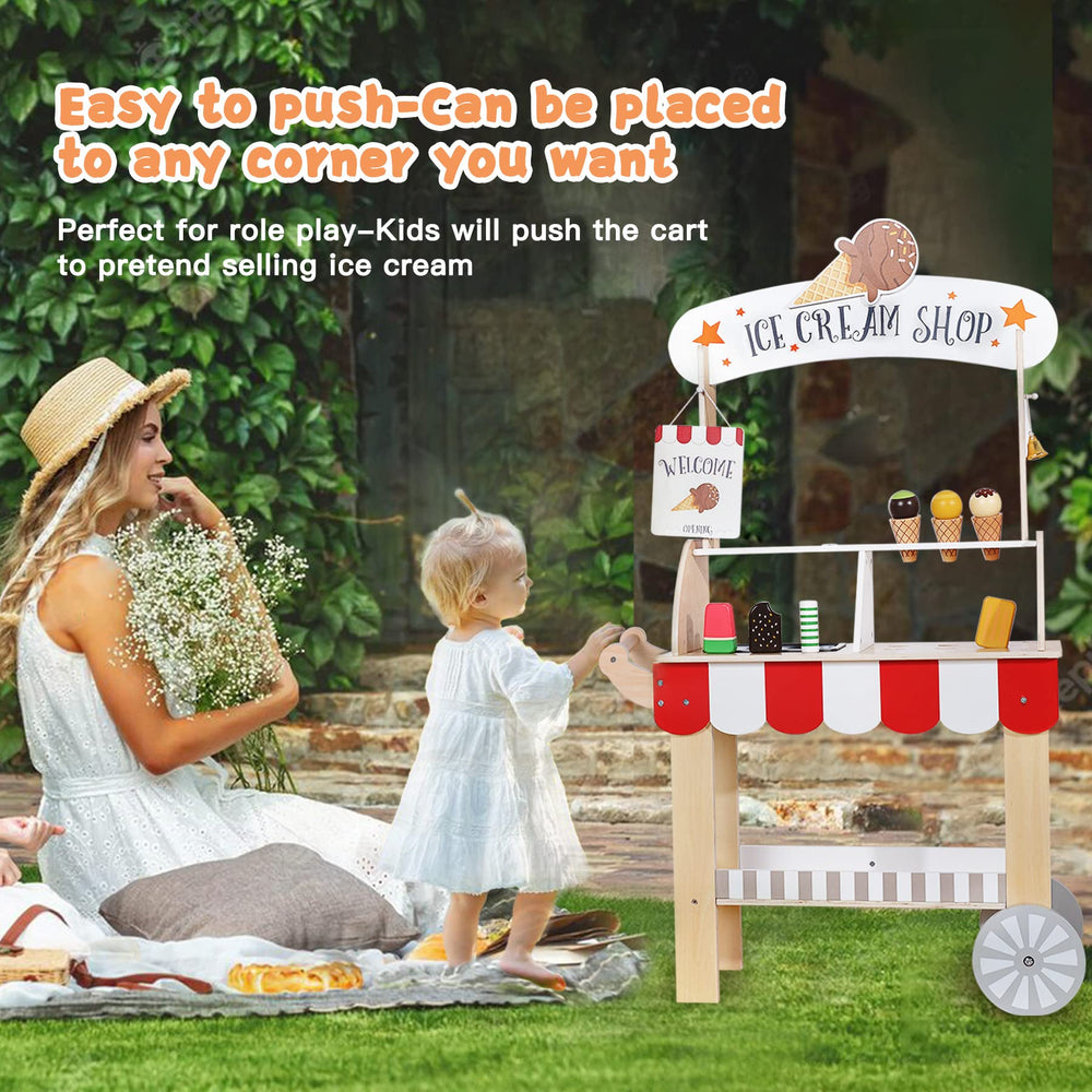 labebe wooden ice cream cart side view demonstrates compact storage for accessories