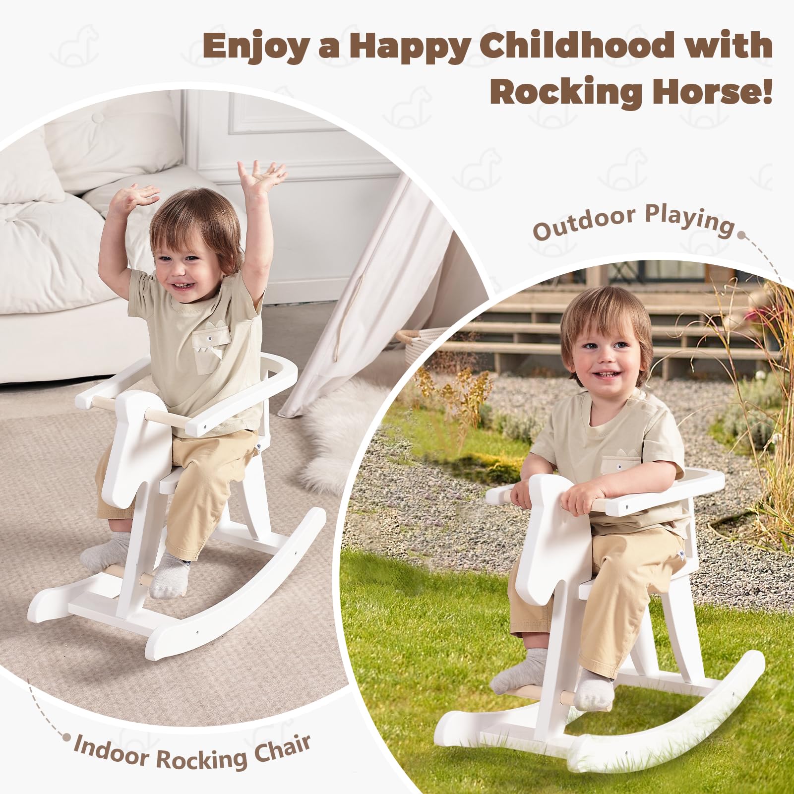 Labebe rocking horse with low-height seat supports easy ground reach.