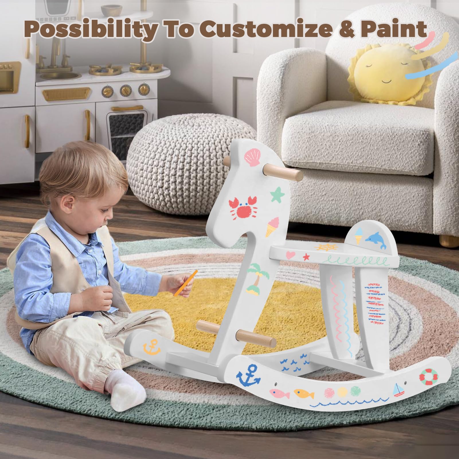 Labebe natural-material rocking horse uses eco-friendly wood for durable play.