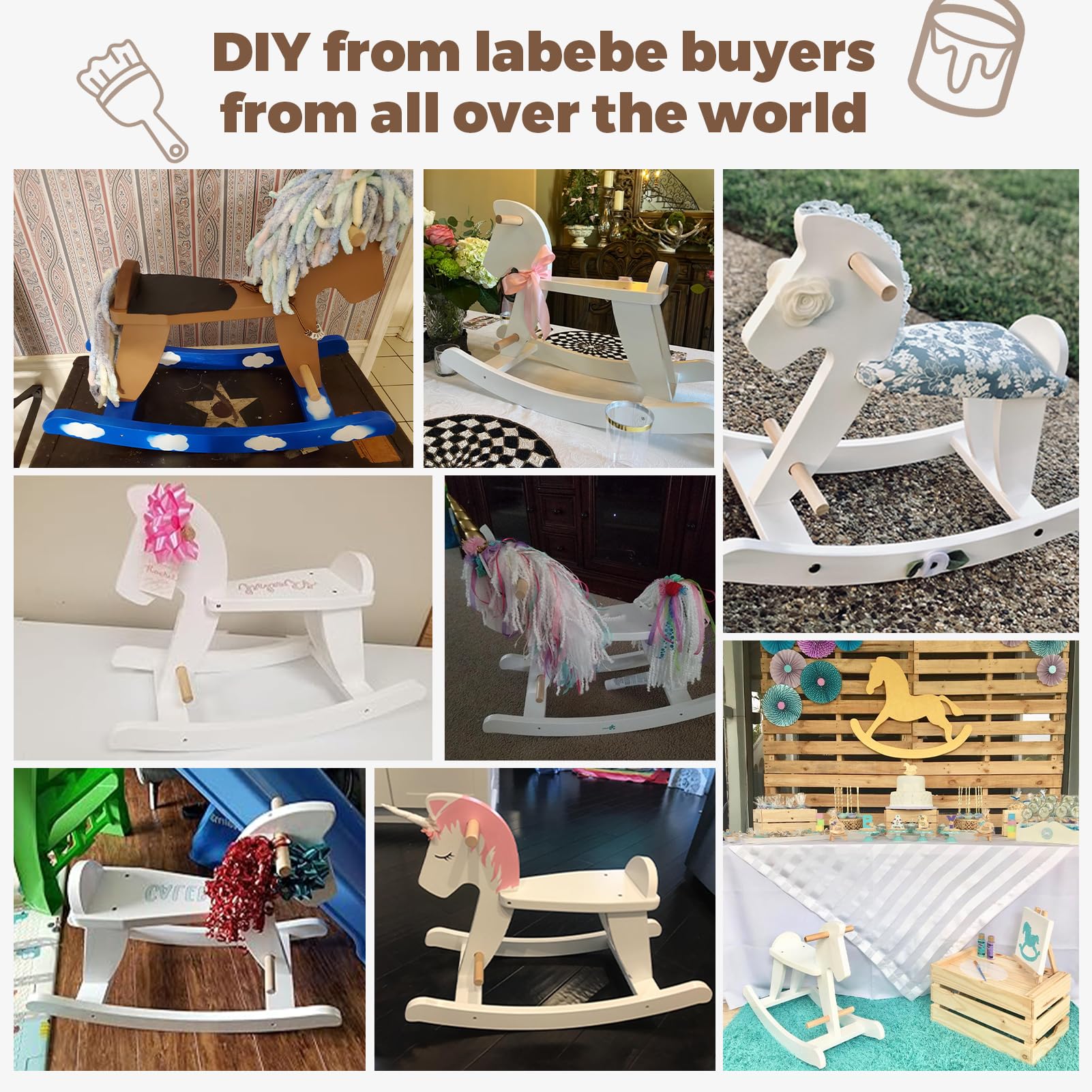 Labebe wooden rocking horse with paint-ready surface invites child creativity.