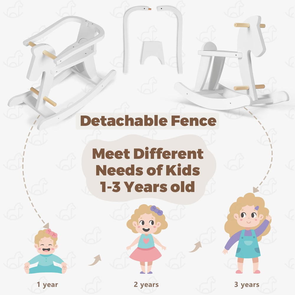 Labebe rocking horse with sturdy wood frame designed for long-lasting use.
