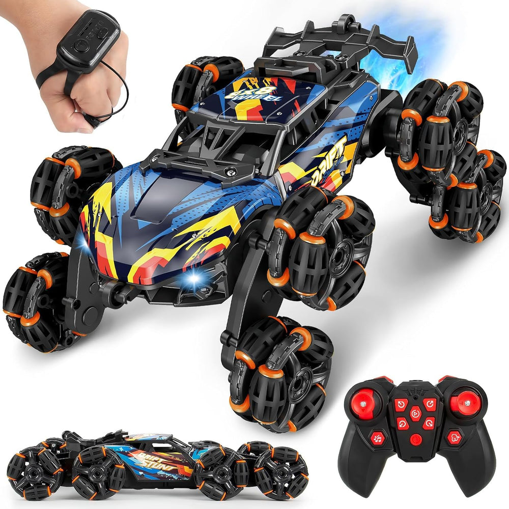 LACCHOUFEE 8WD stunt car in action with a remote control for outdoor racing.
