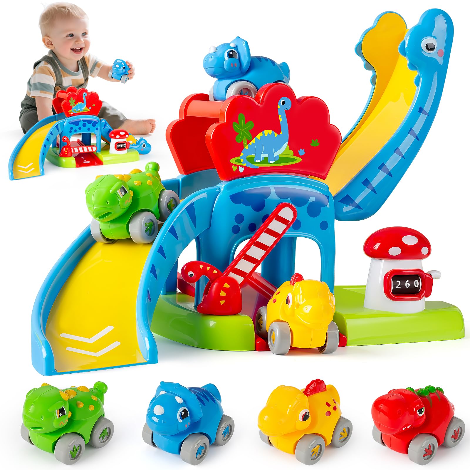 LACCHOUFEE dinosaur race-track slide shown in action for toddlers