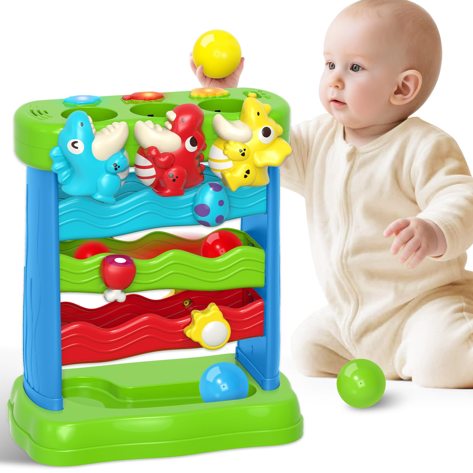 LACCHOUFEE Feeding The Dinosaur toy showing dino mouths with colorful balls for sensory play