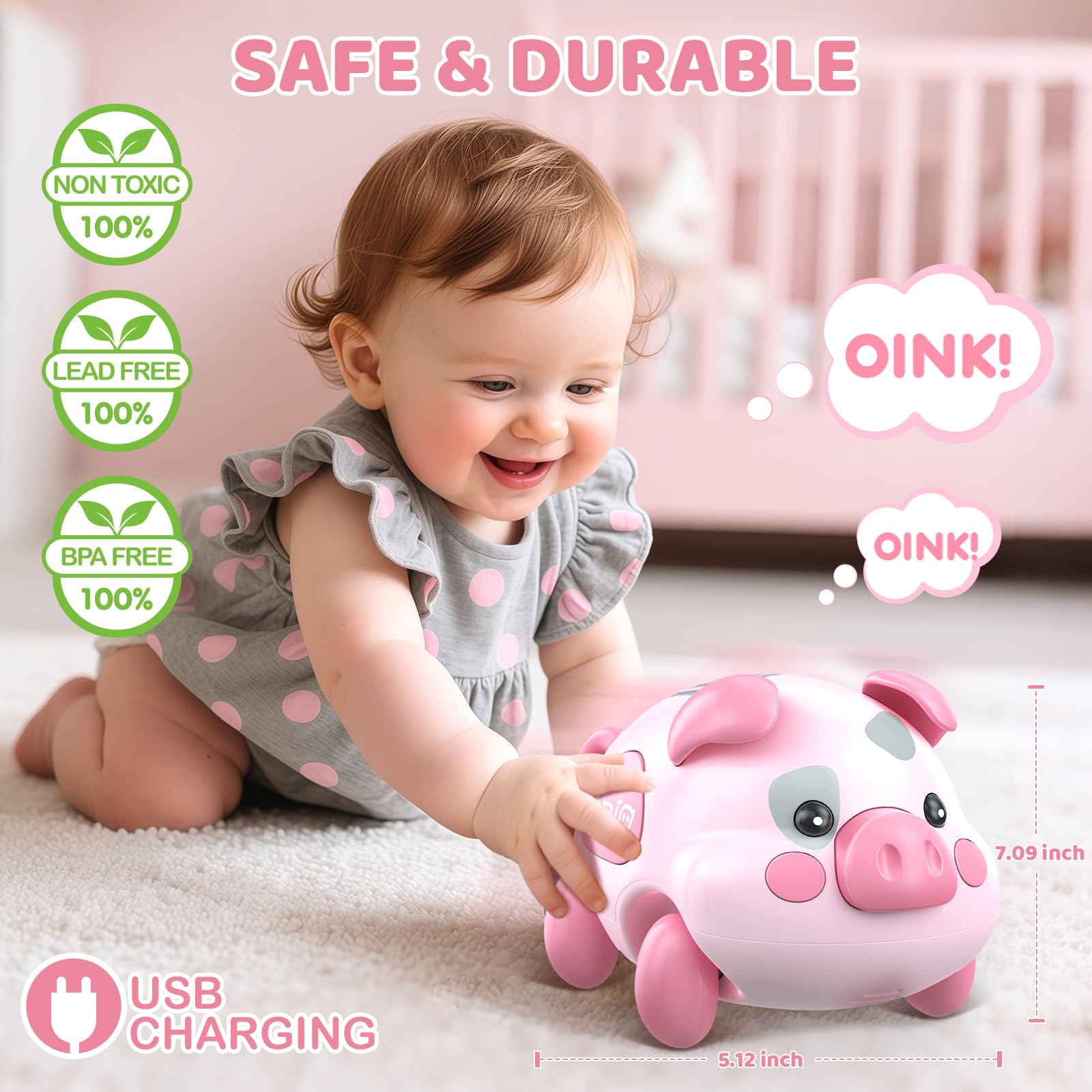 LACCHOUFEE Piggy Toy crawling motion motivates movement and exploration.