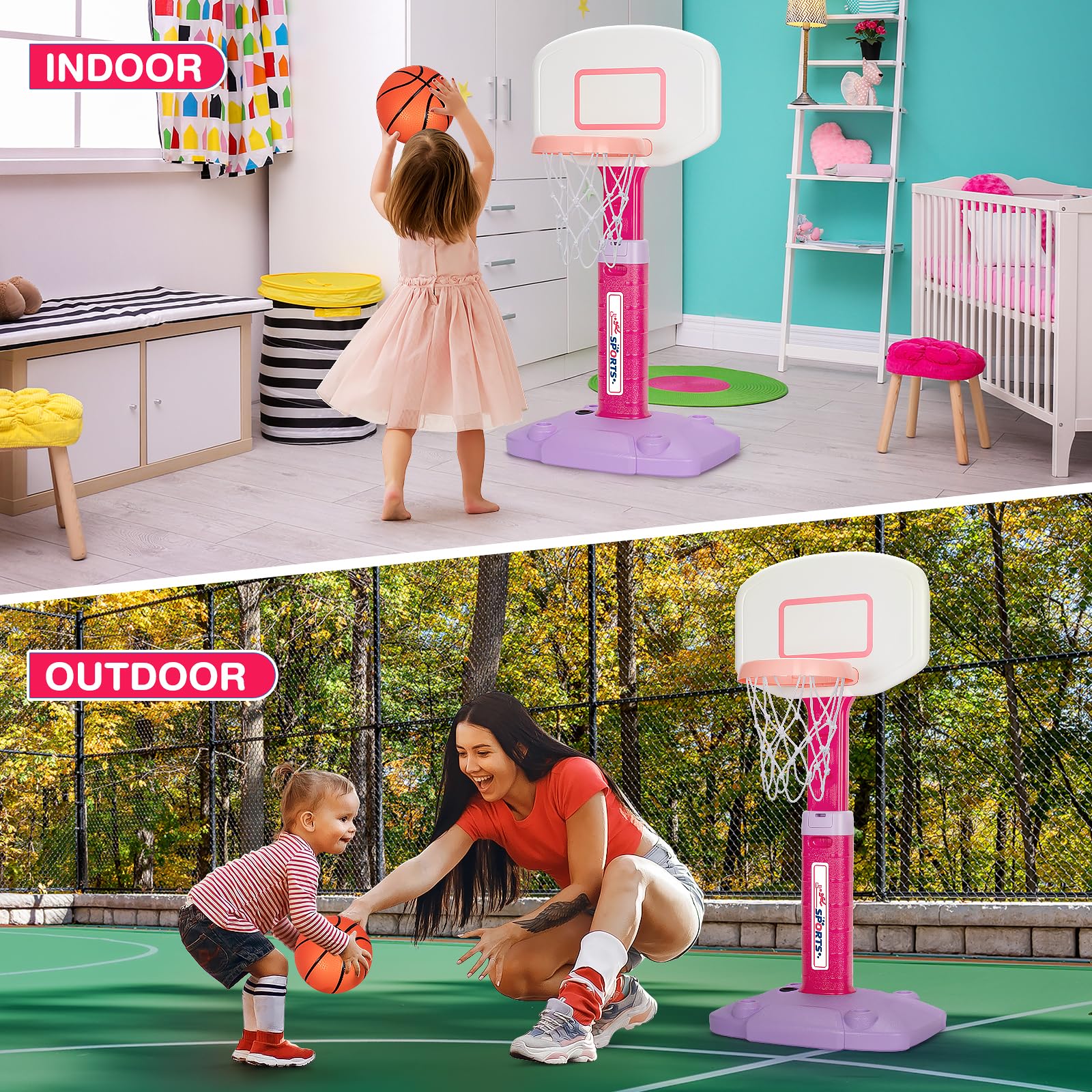 Five-height adjustable rod supports growing kids with added challenge.