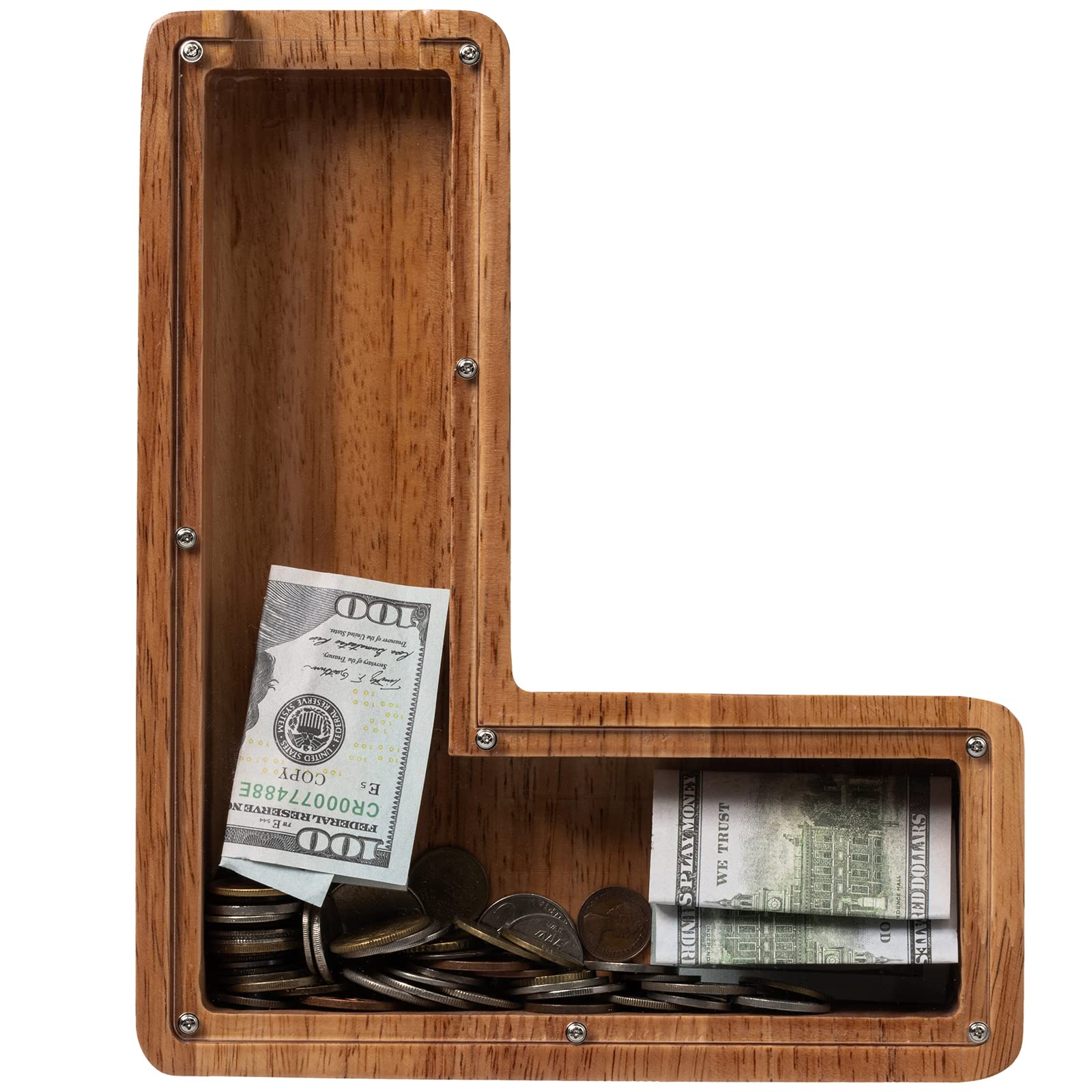 Ladenk large wooden letter piggy bank provides durable savings storage.