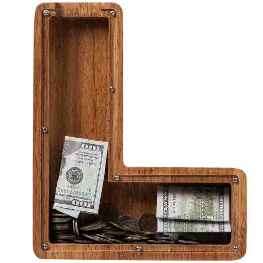 Ladenk large wooden letter piggy bank provides durable savings storage.