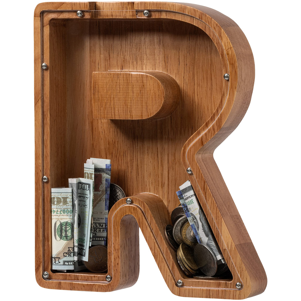 ladenk Large Wooden Letter Piggy Bank front view with initial R for personalized savings