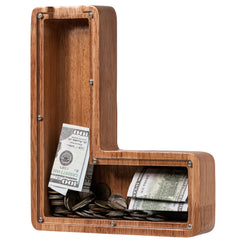Ladenk letter bank initial L in wood encourages early saving.