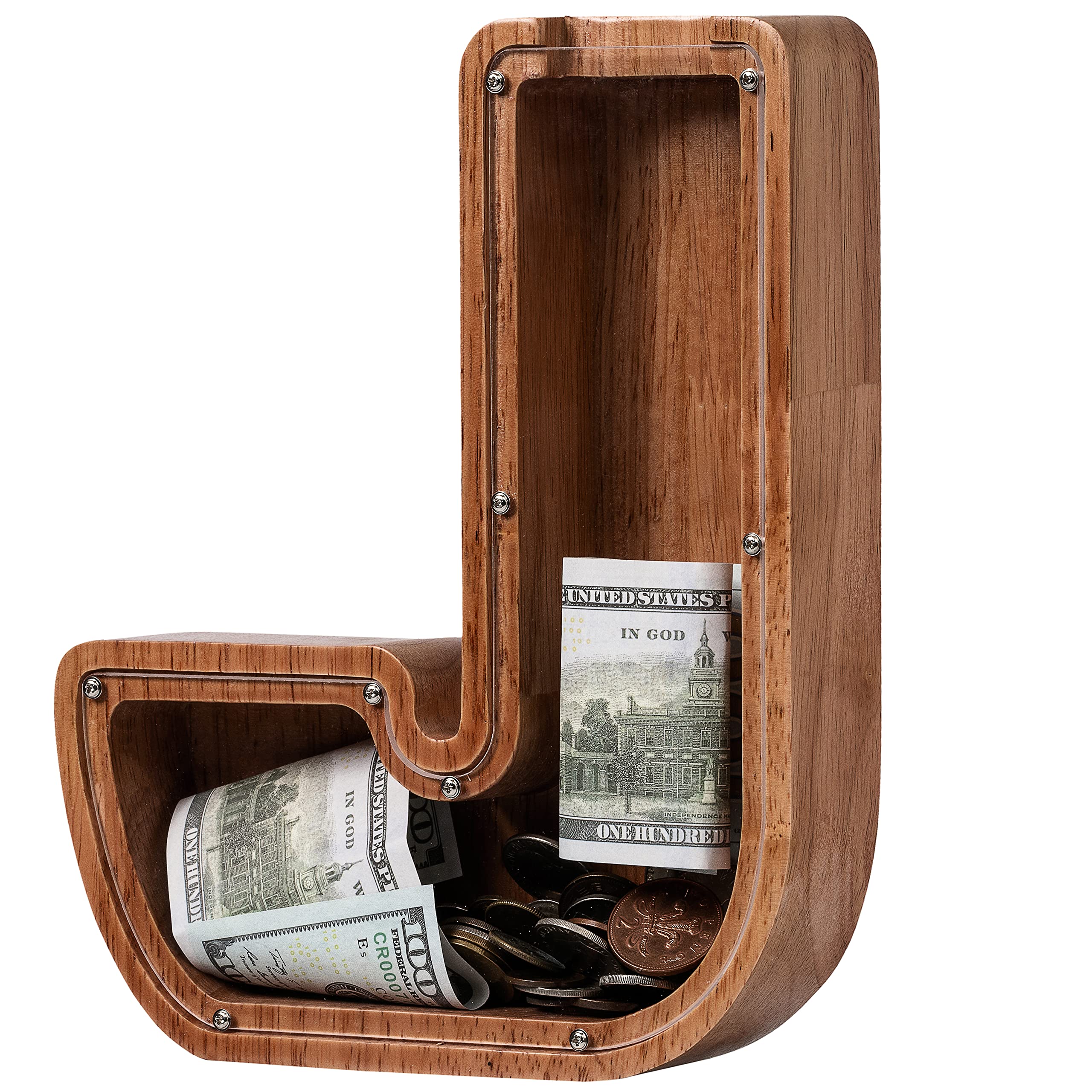 Ladenk piggy bank with initial J, full view to inspire saving.