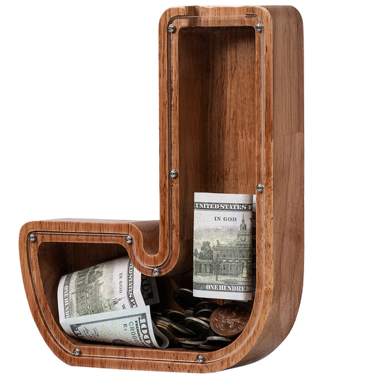Ladenk piggy bank with initial J, full view to inspire saving.