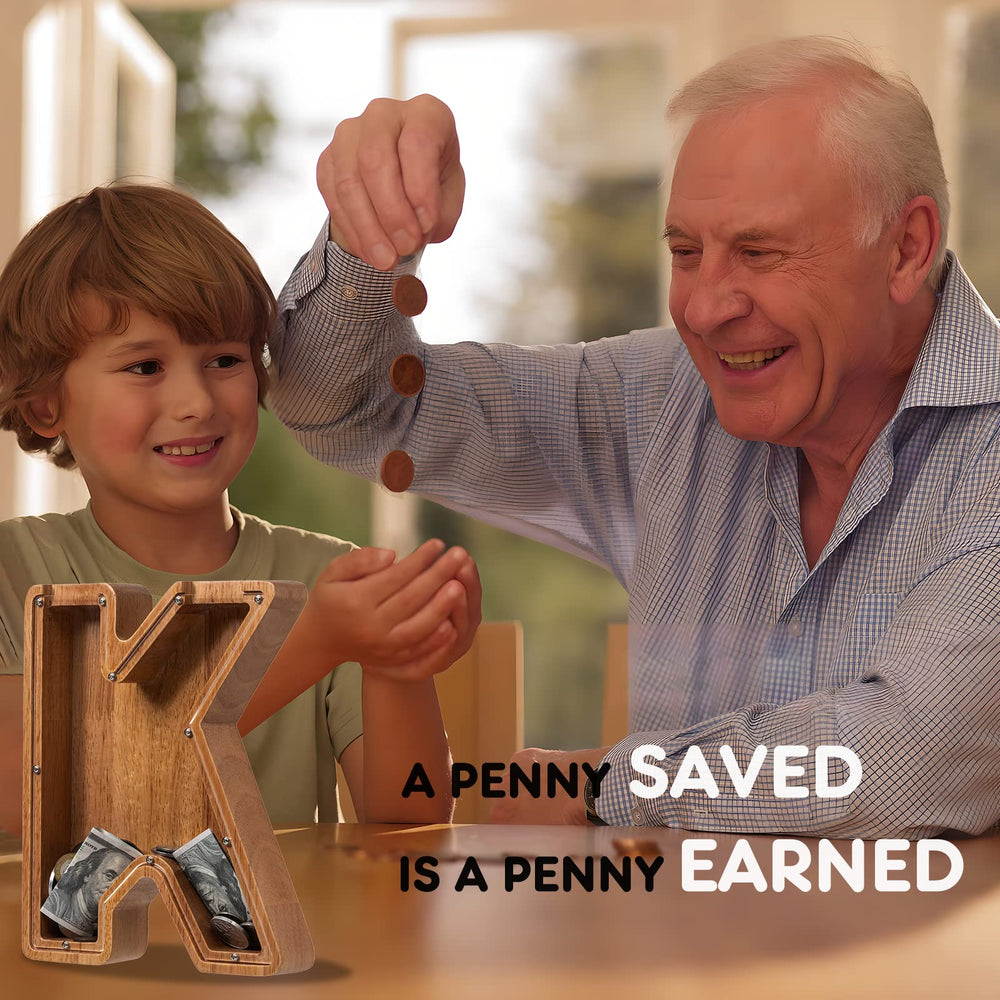ladenk wooden piggy bank initial K educational toy with clear plexiglass view