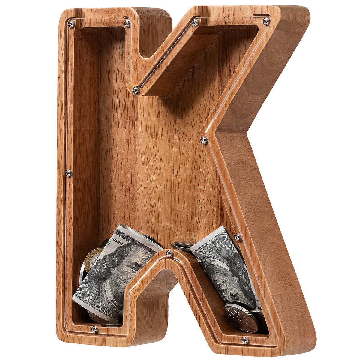 ladenk piggy bank initial K wooden front view for kids' savings journey