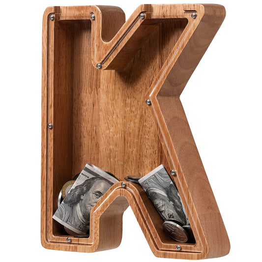 ladenk piggy bank initial K wooden front view for kids' savings journey
