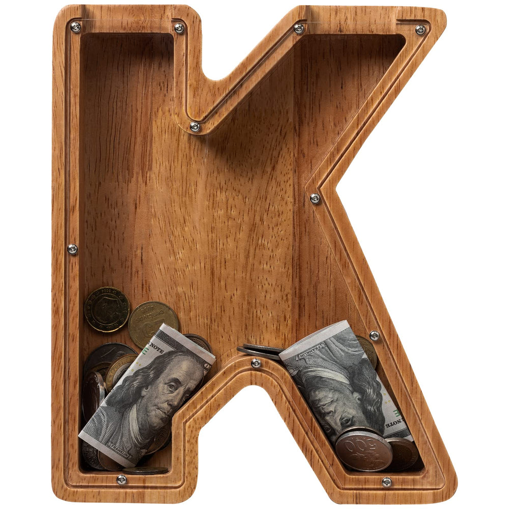 ladenk piggy bank initial K wooden plexiglass panel for tracking progress