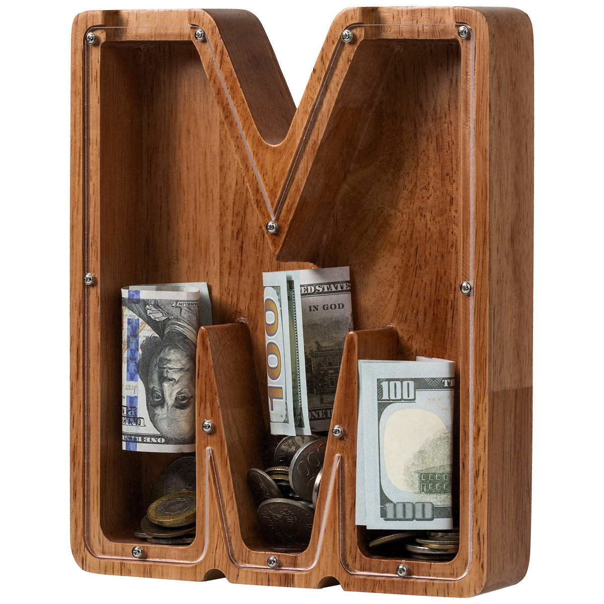 Ladenk wooden piggy bank with initial M for kids' savings.