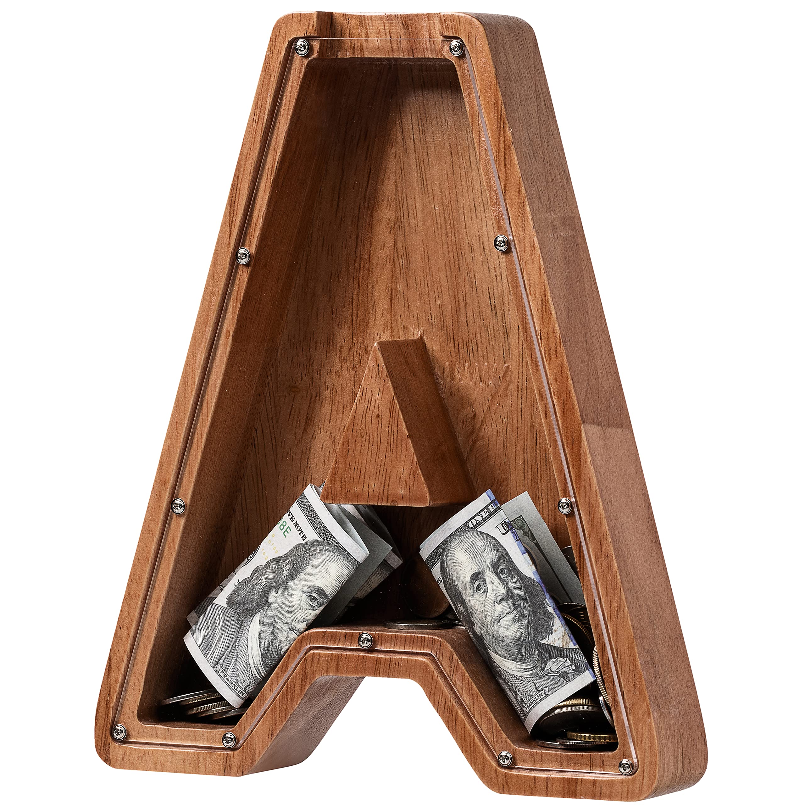 Ladenk Piggy Bank Letter A front view highlights sturdy wood and coin storage