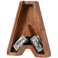 Ladenk Piggy Bank Letter A front view highlights sturdy wood and coin storage
