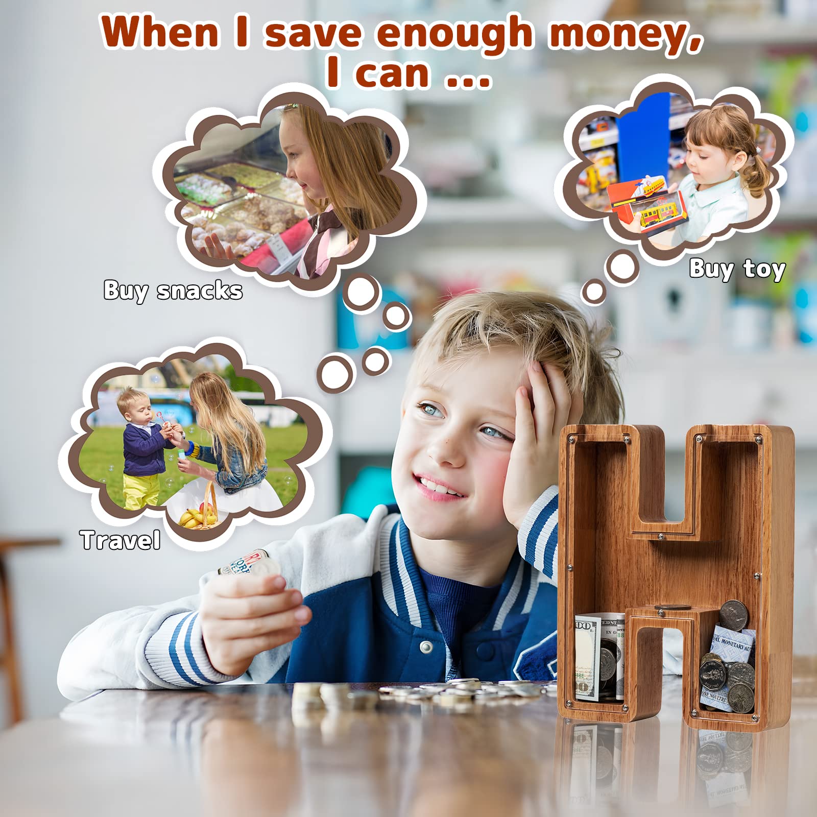 Ladenk Piggy Bank Letter H on shelf doubles as decor and learning tool