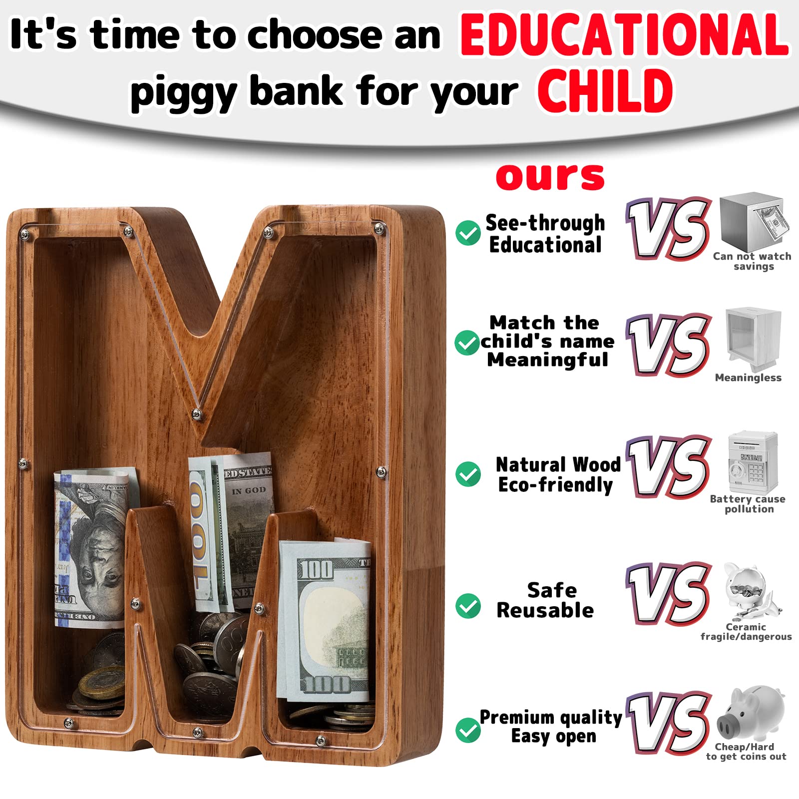 Ladenk piggy bank with Plexiglass shows savings progress.