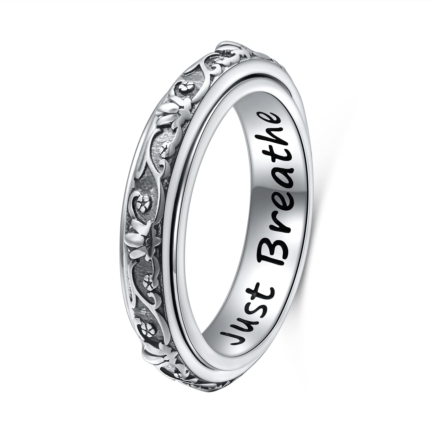 Ladytree spinner ring featuring lotus and Just Breathe for discreet stress distraction.