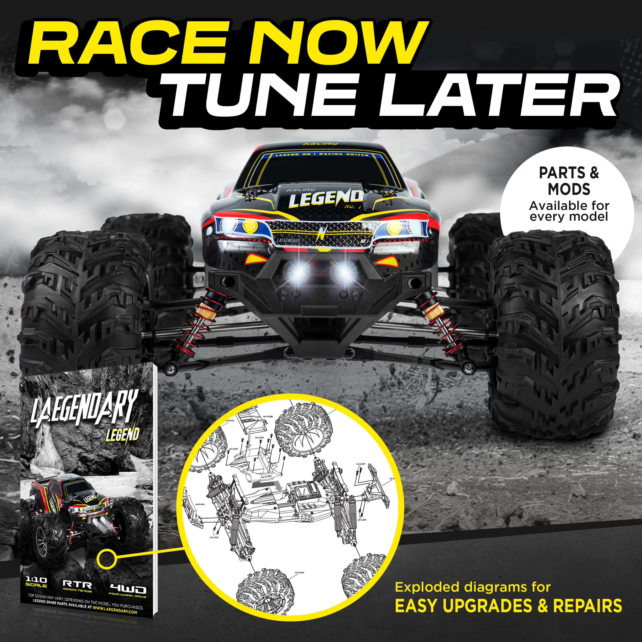 LAEGENDARY RC Car night action showcases bright performance at dusk.