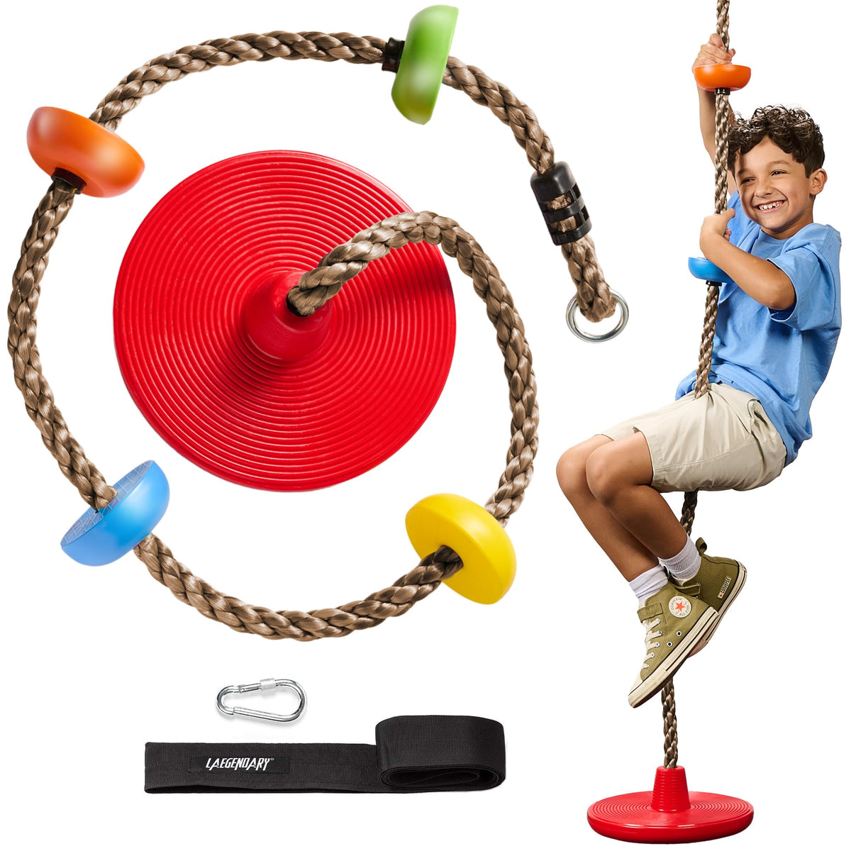 LÆGENDARY Tree Swing circular rubber disk platform for balanced outdoor play.