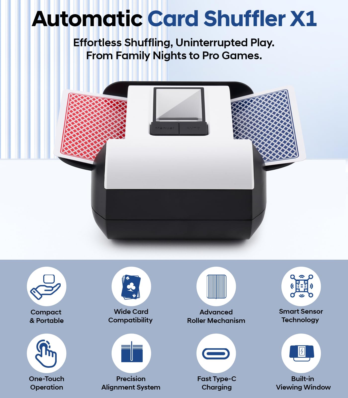 LAETENIN shuffler control panel with Auto/Manual modes for flexible play.