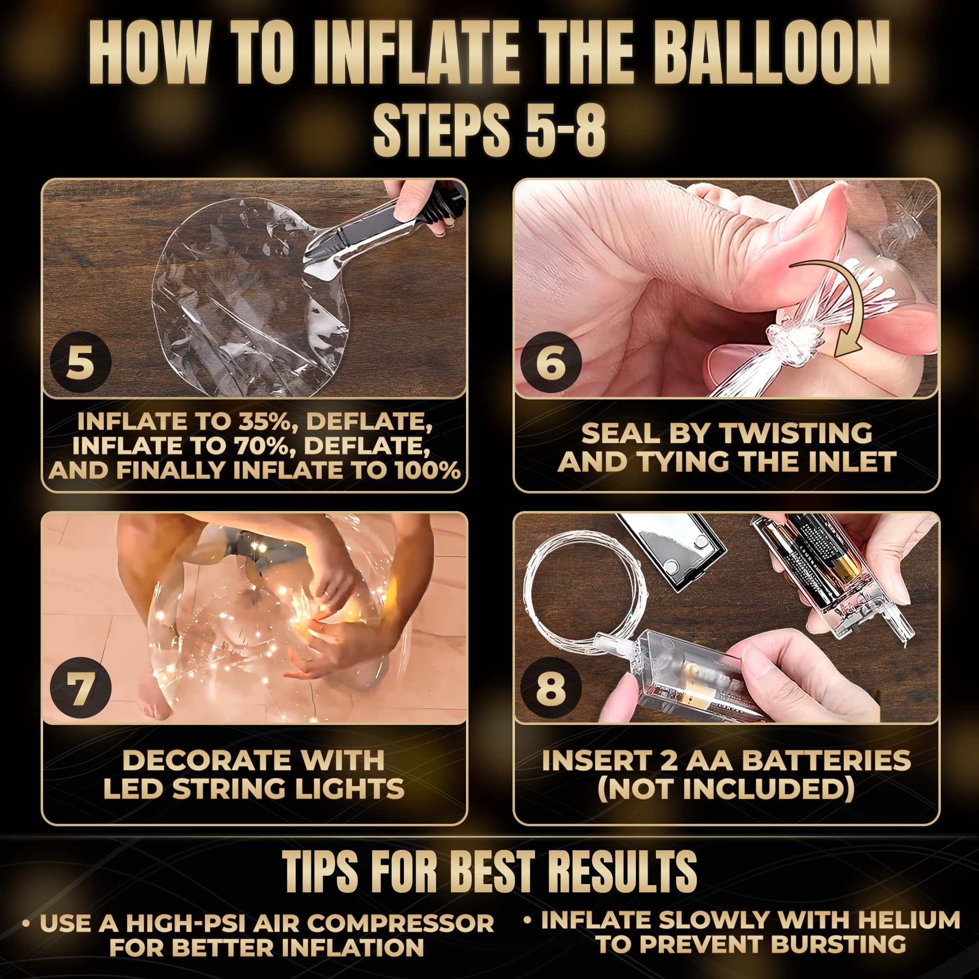 Lagarto Valentines decor glow created by gold-lighted transparent balloons