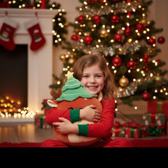 LAIDFUN Reindeer Merry plush displayed on bed or shelf enhances holiday ambience.