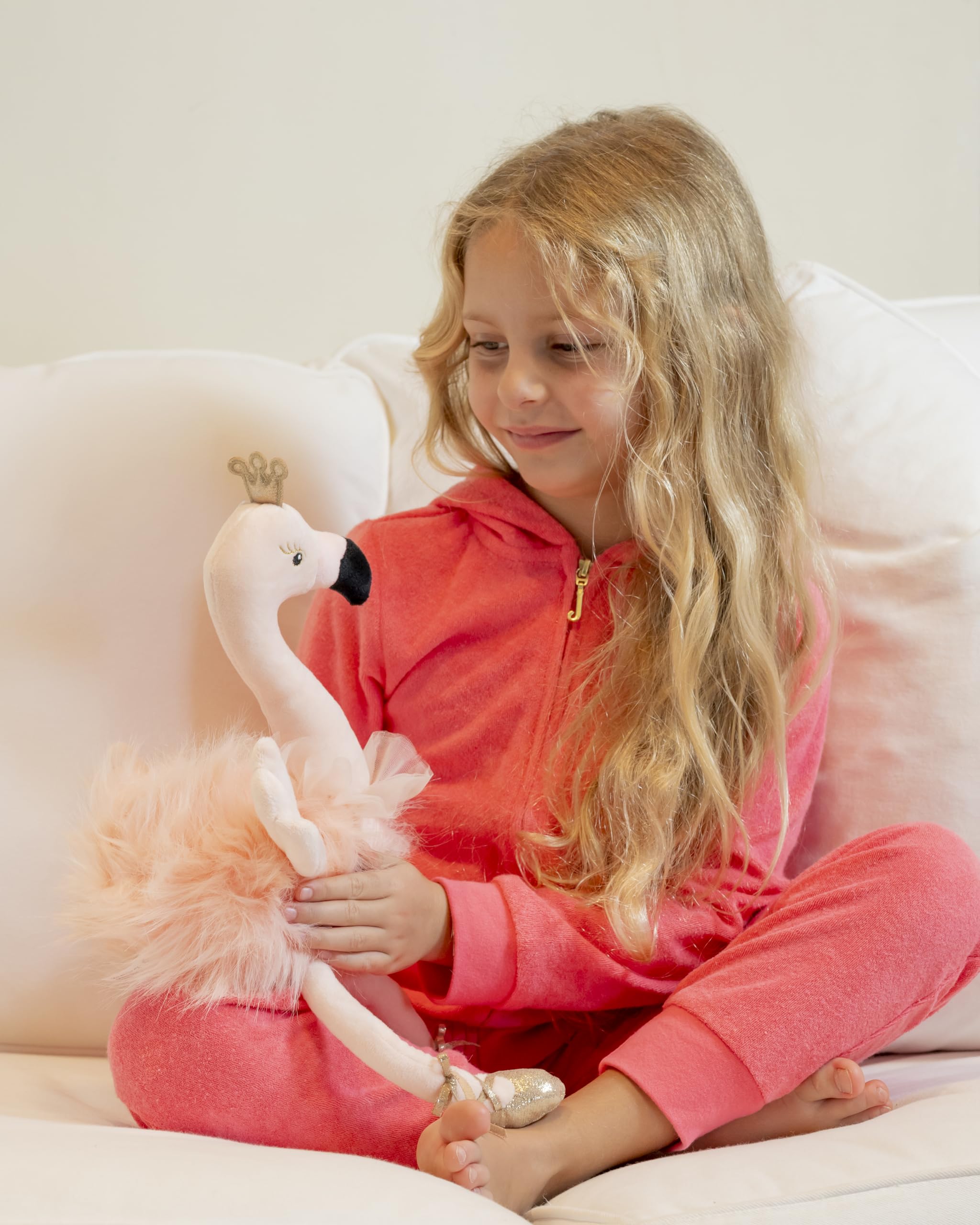 Laila and Lainey flamingo with fluffy body, perfect for hugs and imaginative play.