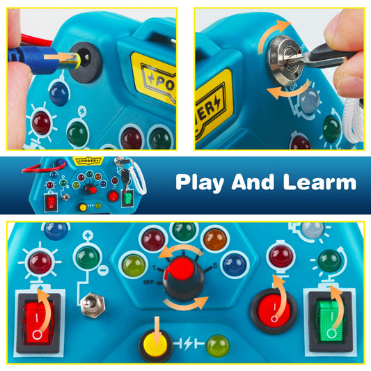 Laiydontos busy board switches closeup highlights sensory lights for fine motor practice.